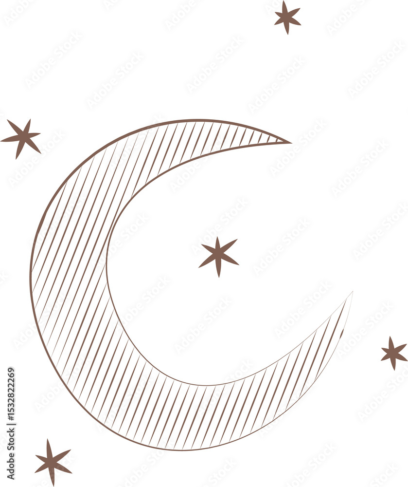 Fototapeta premium Flat design is showing crescent moon floating on transparent background, hatch pattern, five stars