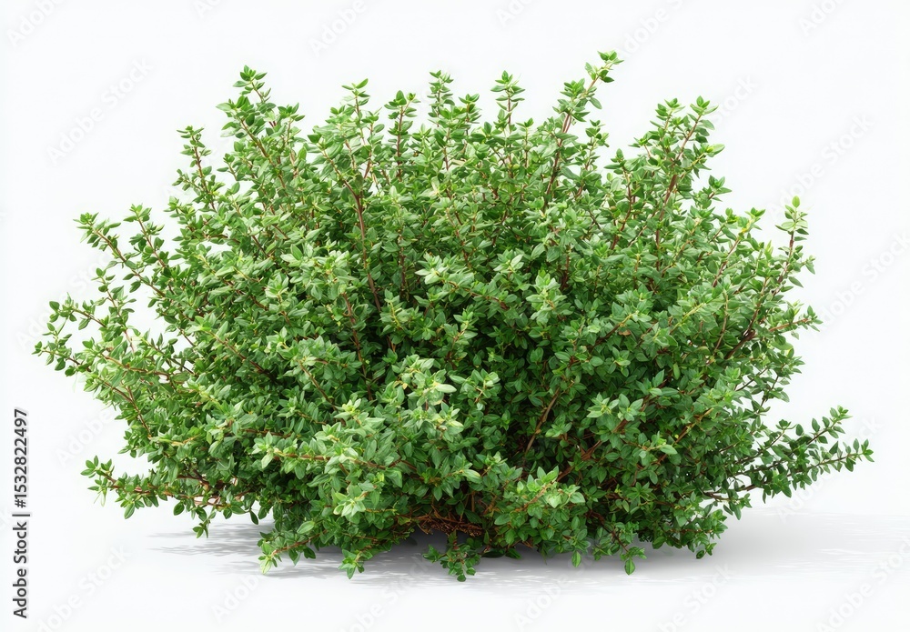 Obraz premium Lush, rounded shrub with small, dense, bright green leaves and reddish-brown stems, isolated on white