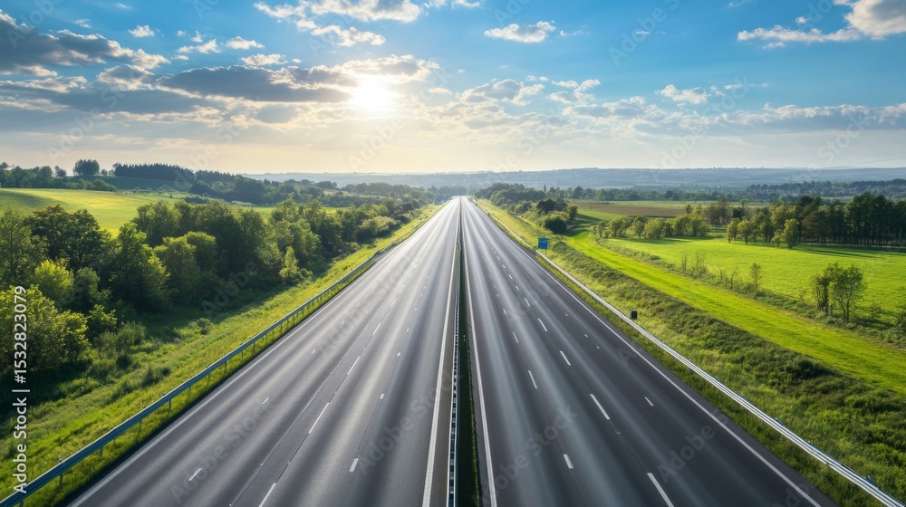 Naklejka premium A modern motorway stretching into the horizon, surrounded by lush green landscapes and a bright blue sky.