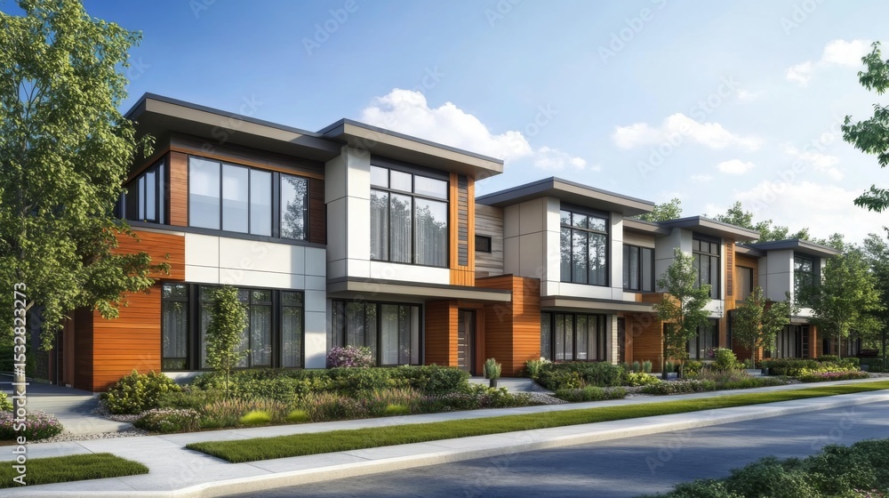 A modern twin house community, with a row of homes showcasing clean lines, contemporary design, and matching facades. A modern twin house community, with a row of homes showcasing clean lines, contemporary design, and matching facades.