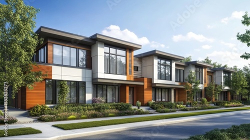A modern twin house community  with a row of homes showcasing clean lines  contemporary design  and matching facades.