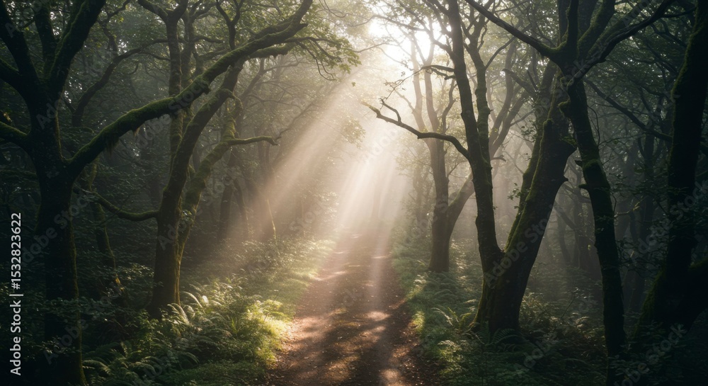 Fototapeta premium Sunbeams through misty forest path