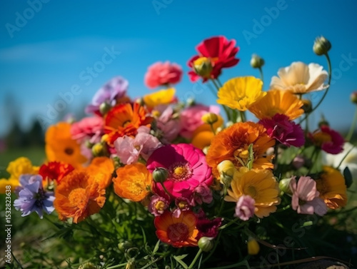 Wallpaper Mural A vibrant meadow filled with colorful wildflowers, including daisies, under a bright blue sky with sunlight. Torontodigital.ca