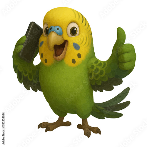 Cartoon Parakeet Mascot with Smartphone for Mobile Phone Plan and Internet Advertising