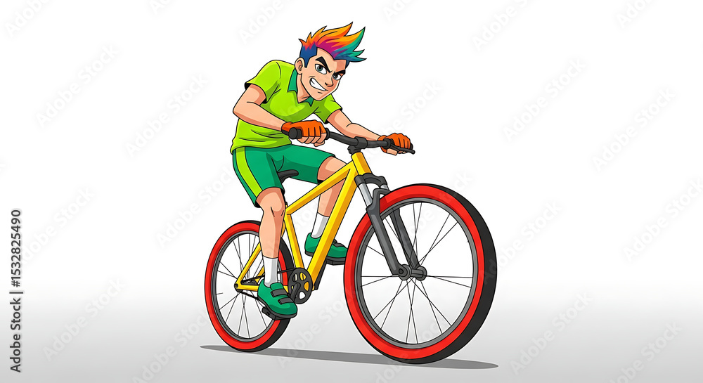 Fototapeta premium Energetic Cartoon Illustration of a Young Man Riding a Mountain Bike