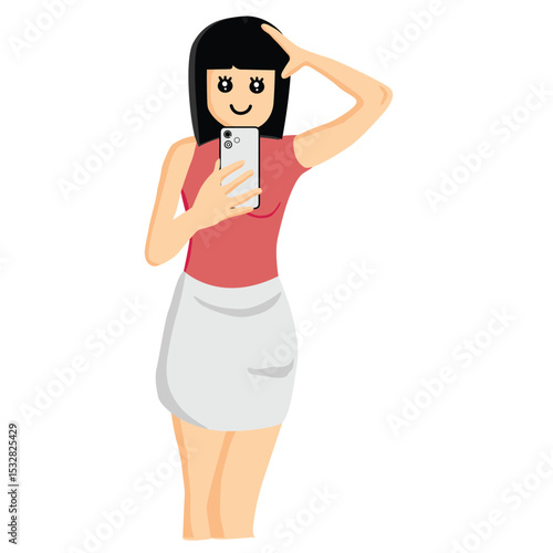 Selfie Snapshot: A modern young woman pauses for a self-portrait with her phone, capturing a moment of self-expression in vibrant detail.