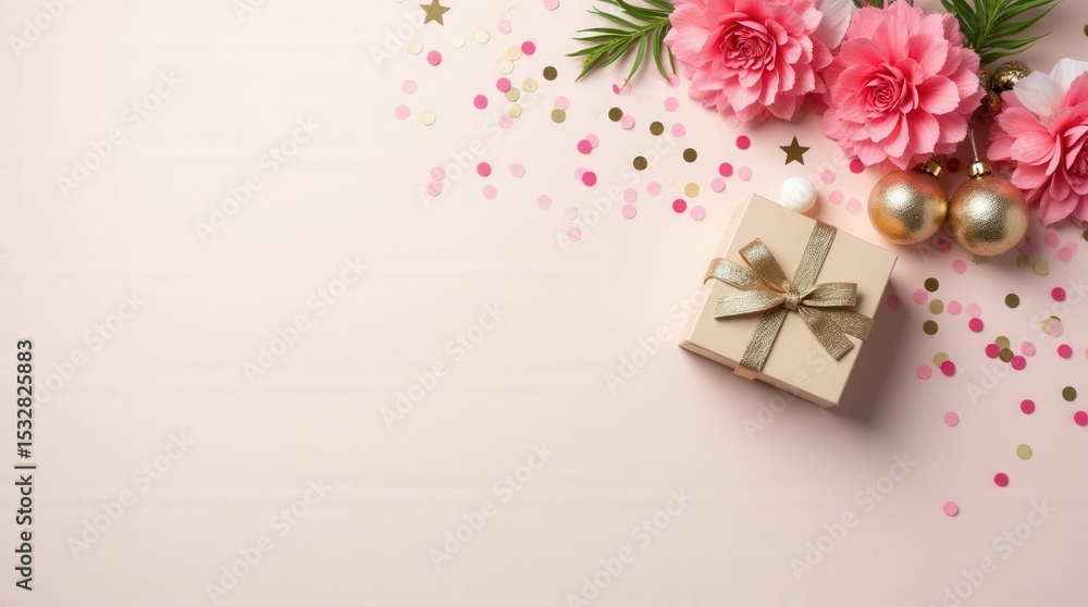 Floral Gift: A beautifully composed image featuring a small, elegantly wrapped gift box adorned with a delicate bow, nestled amidst a collection of vibrant pink flowers and shimmering gold baubles. Floral Gift: A beautifully composed image featuring a small, elegantly wrapped gift box adorned with a delicate bow, nestled amidst a collection of vibrant pink flowers and shimmering gold baubles.