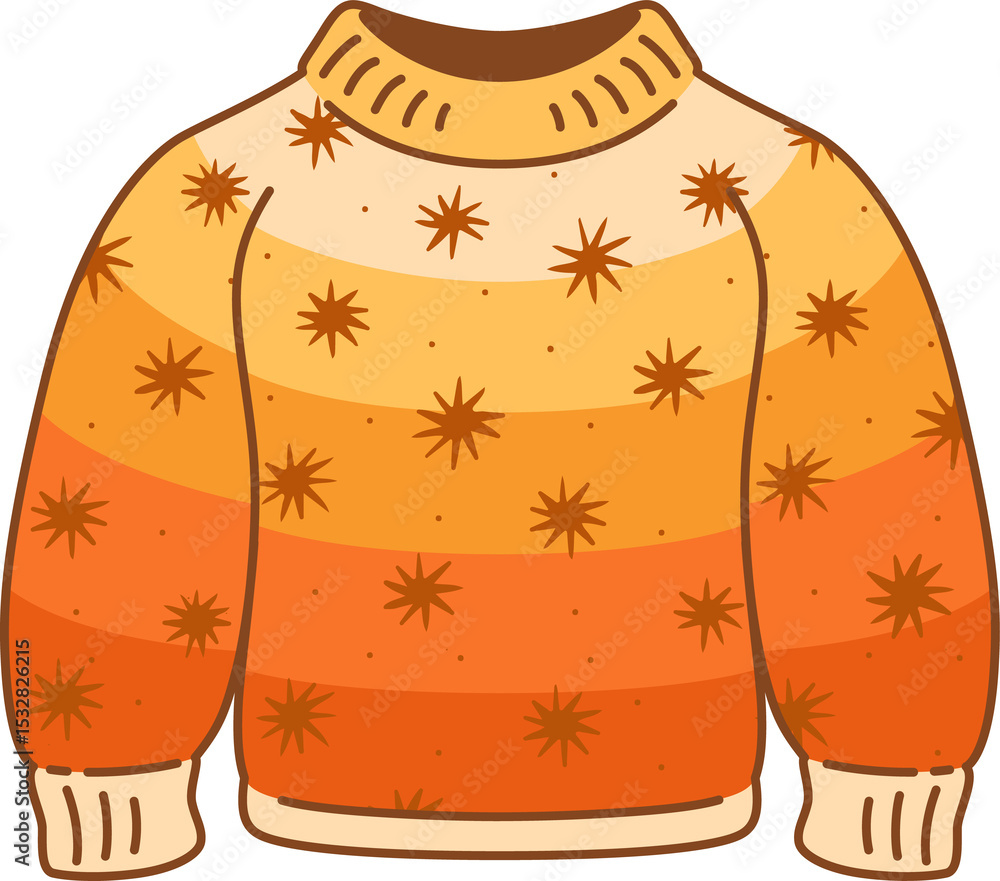 Fototapeta premium Vector knitted sweater is floating against transparent backdrop showing gradient stripes and stars