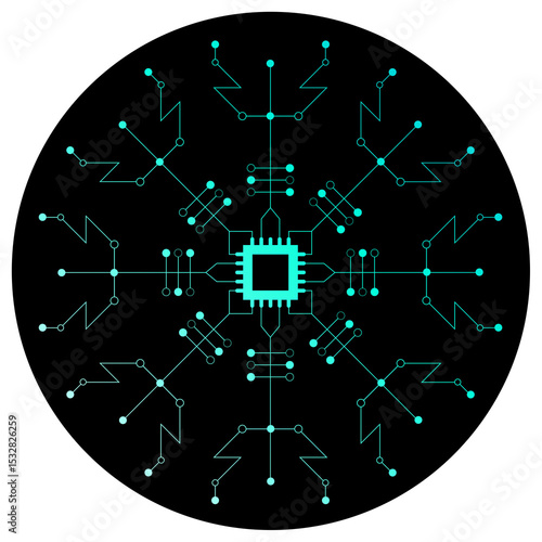 Flat snowflake circuit is appearing in transparent space with turquoise microchip arms, copy space