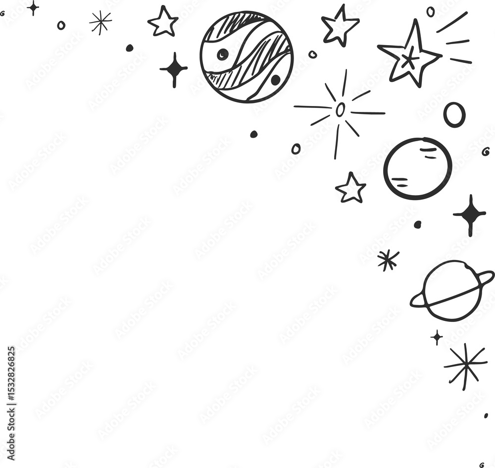 Fototapeta premium Cosmic doodles are forming border on transparent backdrop, featuring ringed planet and stars