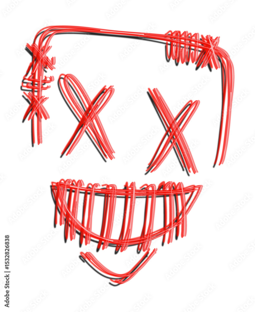 Naklejka premium Abstract stylized smiling face is glowing with red neon scribble strokes on transparent background