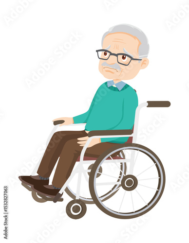 Elderly Man in Wheelchair: A thoughtful elderly man with glasses and a mustache sits in a wheelchair, conveying a sense of quiet dignity and resilience.