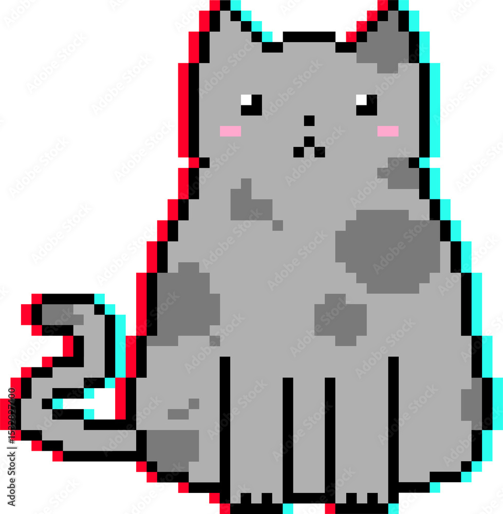 Obraz premium Pixel art chubby gray cat is displaying glitchy red and cyan outlines on transparent background