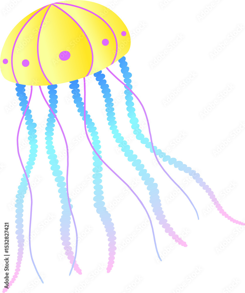 Obraz premium Jellyfish is floating in vector art with yellow bell and pastel tentacles on transparent background