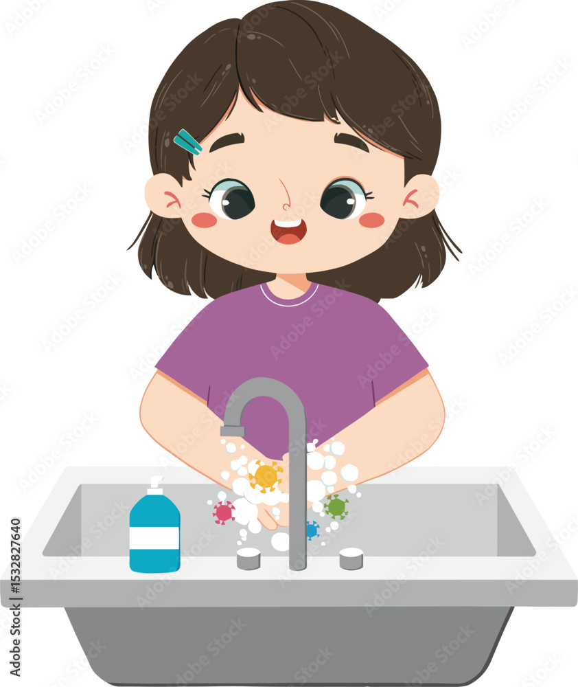 Clean Hands, Healthy Future: An illustration captures a young girl washing her hands meticulously in a bathroom sink, promoting health and hygiene awareness. Clean Hands, Healthy Future: An illustration captures a young girl washing her hands meticulously in a bathroom sink, promoting health and hygiene awareness.