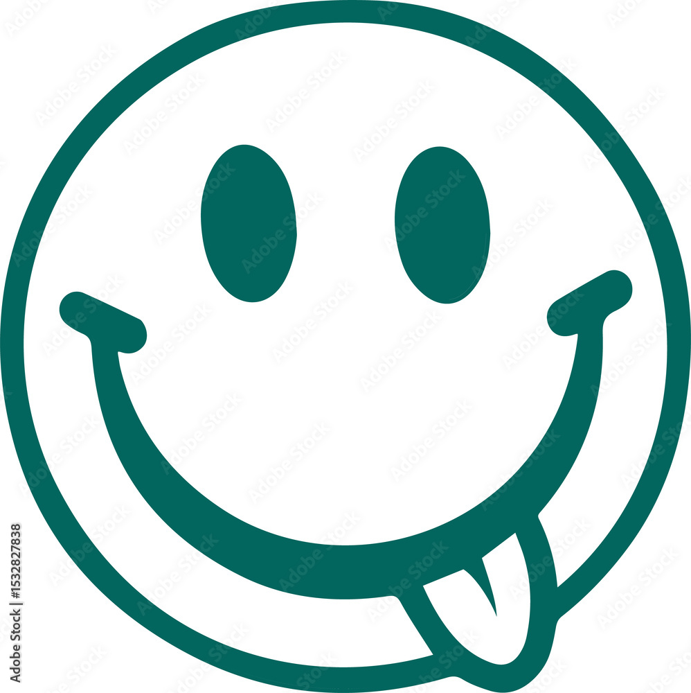 Obraz premium Playful smiley face emoticon is sticking tongue out in teal-green line-art, transparent background
