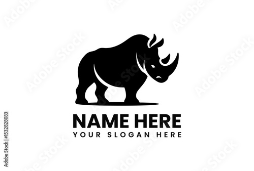 Bold black rhinoceros silhouette vector logo with distinctive horn symbolizing raw power and animal preservation