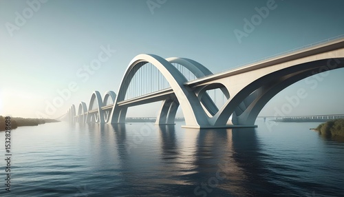 Contemporary bridge featuring elegant concrete arches and clean lines, spanning a wide river, clear sky