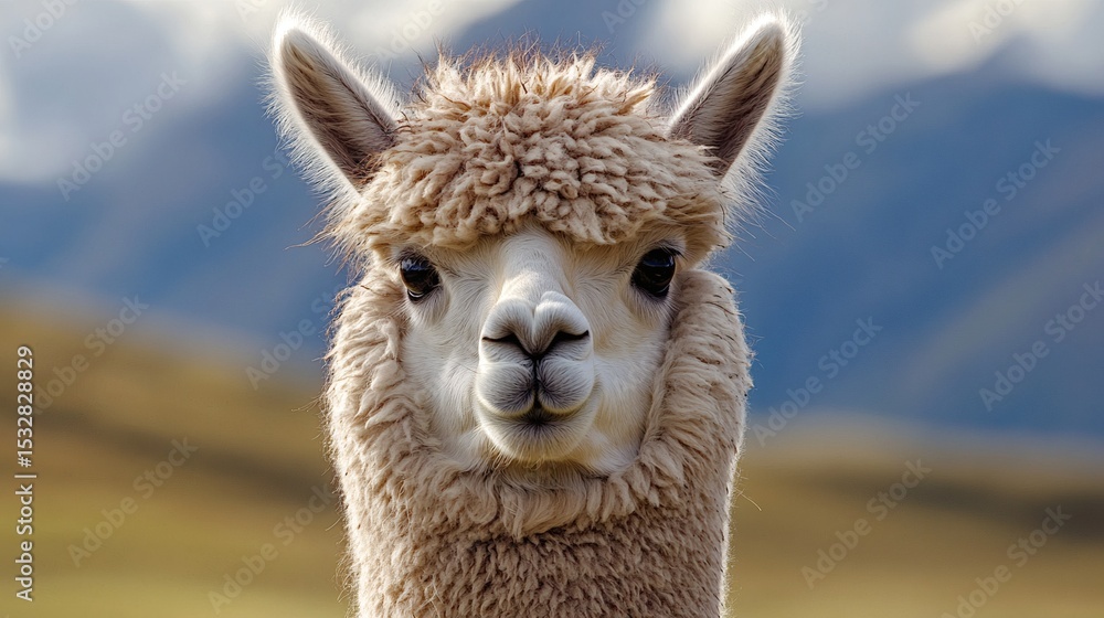 Obraz premium Close-Up Portrait of a Fluffy Alpaca in the Andes Mountains with Soft Natural Lighting