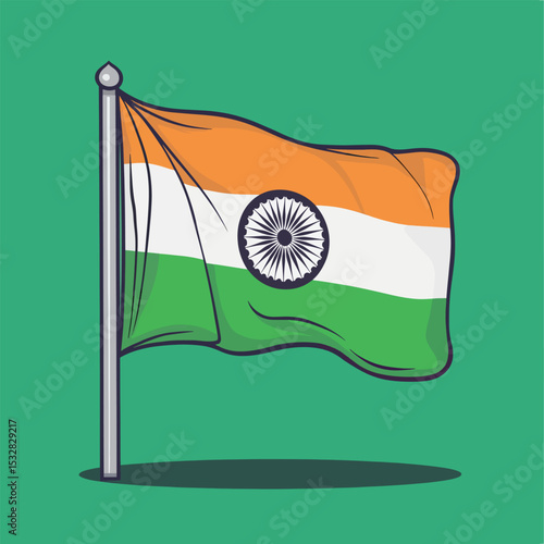 Waving Indian Flag on a Pole Vibrant Colors and Ashoka Chakra
