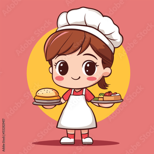 Adorable Cartoon Chef Girl Serving Burger and Pastry