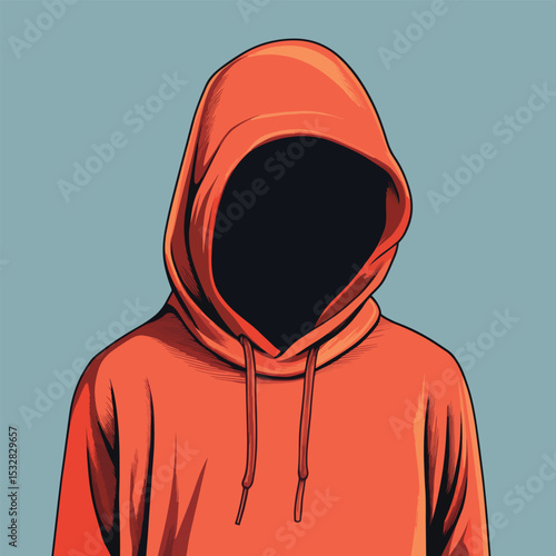 Anonymous Figure in Orange Hoodie with Dark Void Face Vector Illustration