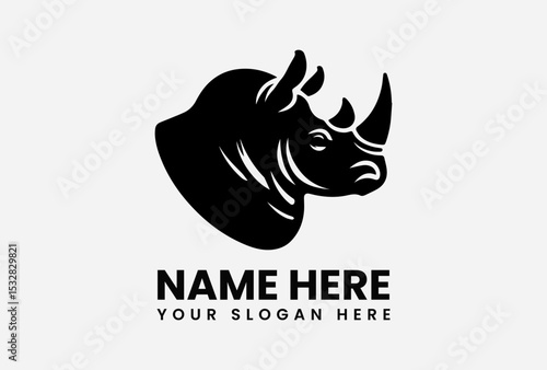 Strong black silhouette vector logo of a charging rhinoceros with large horn for wildlife protection awareness