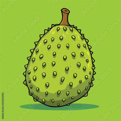 Cartoon Illustration of a Spiky Green Soursop Fruit with Brown Stem