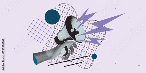 Modern halftone collage with hand holding megaphone. Social media news, promo, fake headlines and viral trends. Vector pop art illustration for marketing, propaganda, online ads, communication.