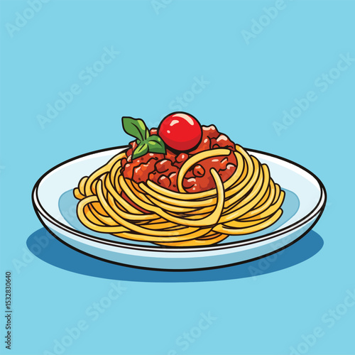 Cartoon Spaghetti Bolognese with Tomato and Basil on a Plate