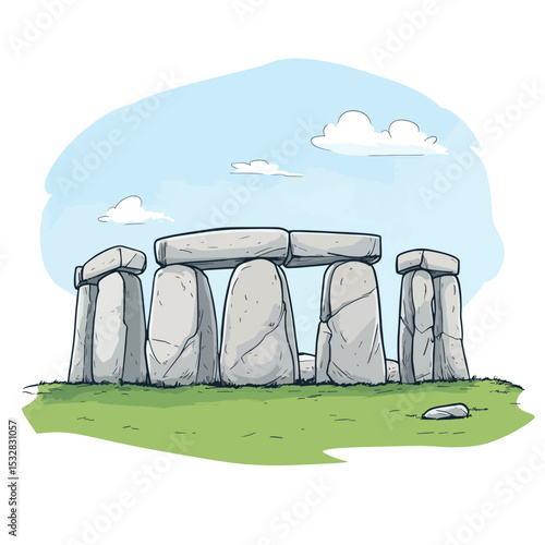 Cartoonish Illustration of Ancient Stone Circle on a Grassy Hill