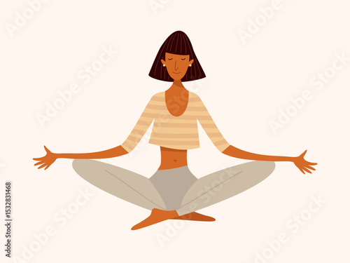 Flat vector illustration of a slim Black woman meditating in lotus pose. Mindfulness, inner peace, self care, emotional wellbeing, calm lifestyle. Cartoon minimal style. Healthy and serene mood.