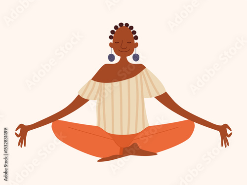 Flat vector illustration of a slim Black woman meditating in lotus pose. Mindfulness, inner peace, self care, emotional wellbeing, calm lifestyle. Cartoon minimal style. Healthy and serene mood.