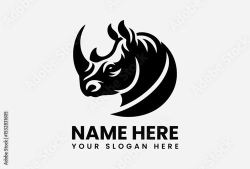 Strong black silhouette vector logo of a charging rhinoceros with large horn for wildlife protection awareness