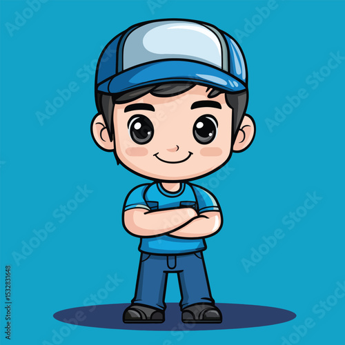 Cheerful Cartoon Boy in Blue Uniform with Arms Crossed