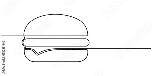 Continuous one line drawing of burger. Fast food hamburger made of one continuous line, vector. One line drawing illustration of hamburger. Junk food, fast food concept single line. Editable stroke 