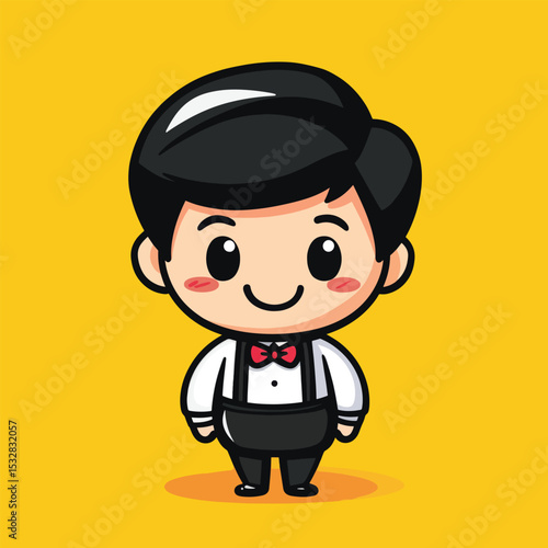 Cheerful Cartoon Waiter with Bowtie and Apron