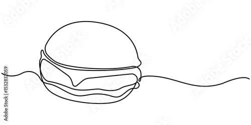 Continuous one line drawing of burger. Fast food hamburger made of one continuous line, vector. One line drawing illustration of hamburger. Junk food, fast food concept single line. Editable stroke 
