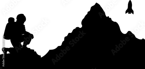 Astronaut silhouette with mountain and rocket in space exploration theme