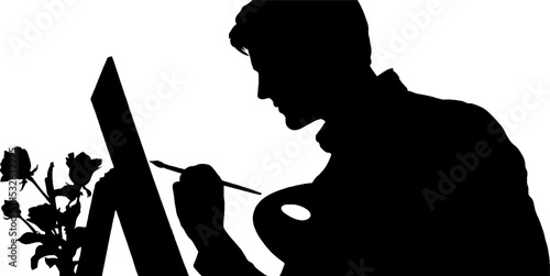 Artist at work silhouette with easel and paintbrush in creative studio setting