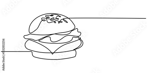 Continuous one line drawing of burger. Fast food hamburger made of one continuous line, vector. One line drawing illustration of hamburger. Junk food, fast food concept single line. Editable stroke 