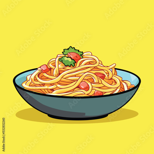 Colorful Cartoon Illustration of a Bowl of Spaghetti with Toppings