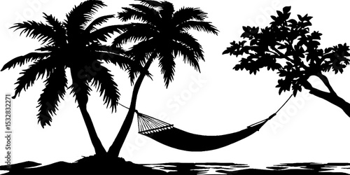 Tropical relaxation scene with hammock, coconut trees, and straw parasol