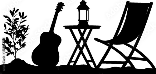 Serene beach scene with bonfire, guitar, and folding chair for relaxation and leisure