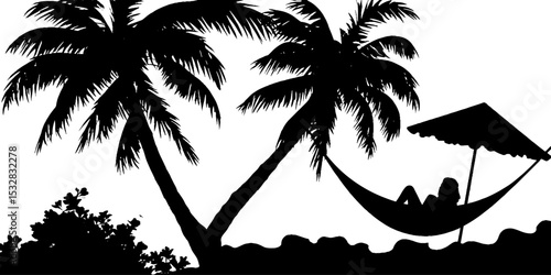 Relaxing beach scene with hammock, straw parasol, and coconut trees silhouette