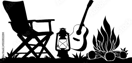 Beach bonfire scene with guitar, folding chair, and lantern silhouette