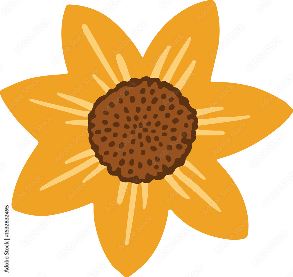 Fototapeta premium Sunflower is radiating eight golden petals around speckled center in vector transparent backdrop