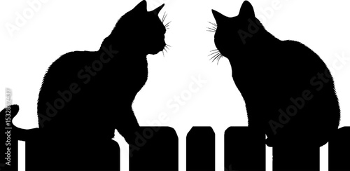 Silhouette of cats sitting on fence with high contrast for border or design