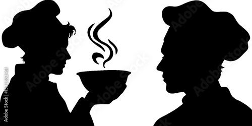 Chef silhouettes and bubbling pot for culinary design and kitchen art