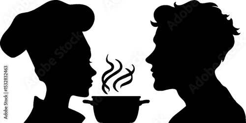 Culinary encounter: chef and gourmand silhouettes with bubbling pot